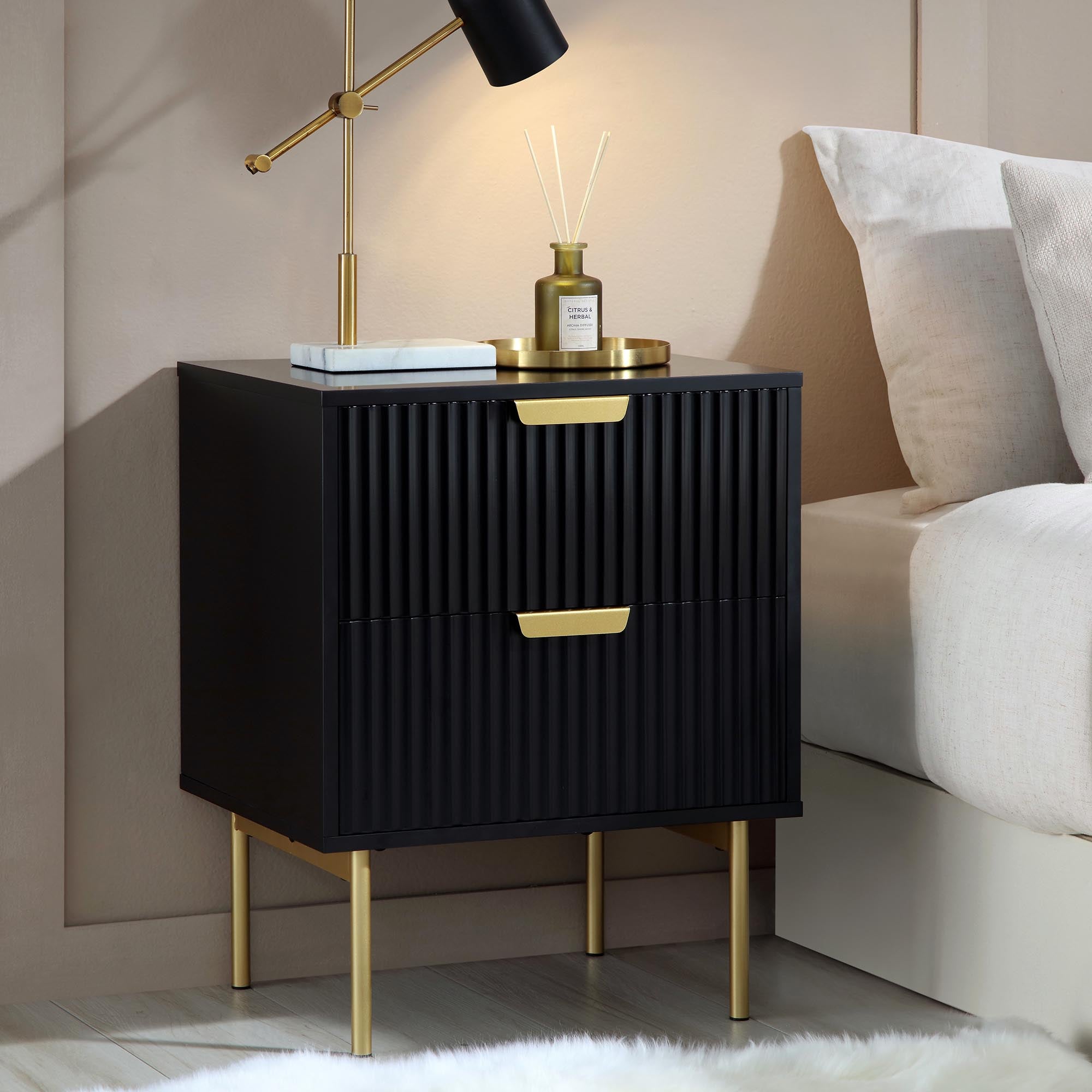 Richmond Ridged 2 Drawer Bedside Table, Matte Black