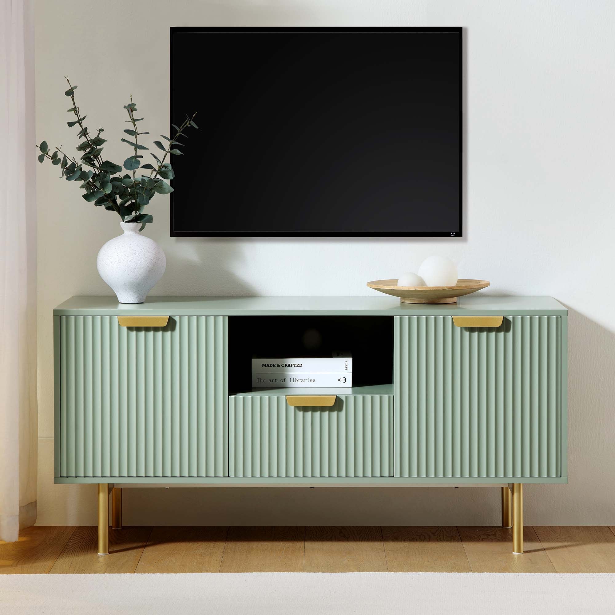 Richmond Ridged 120cm Wide TV Media Unit, Matte Sage Green