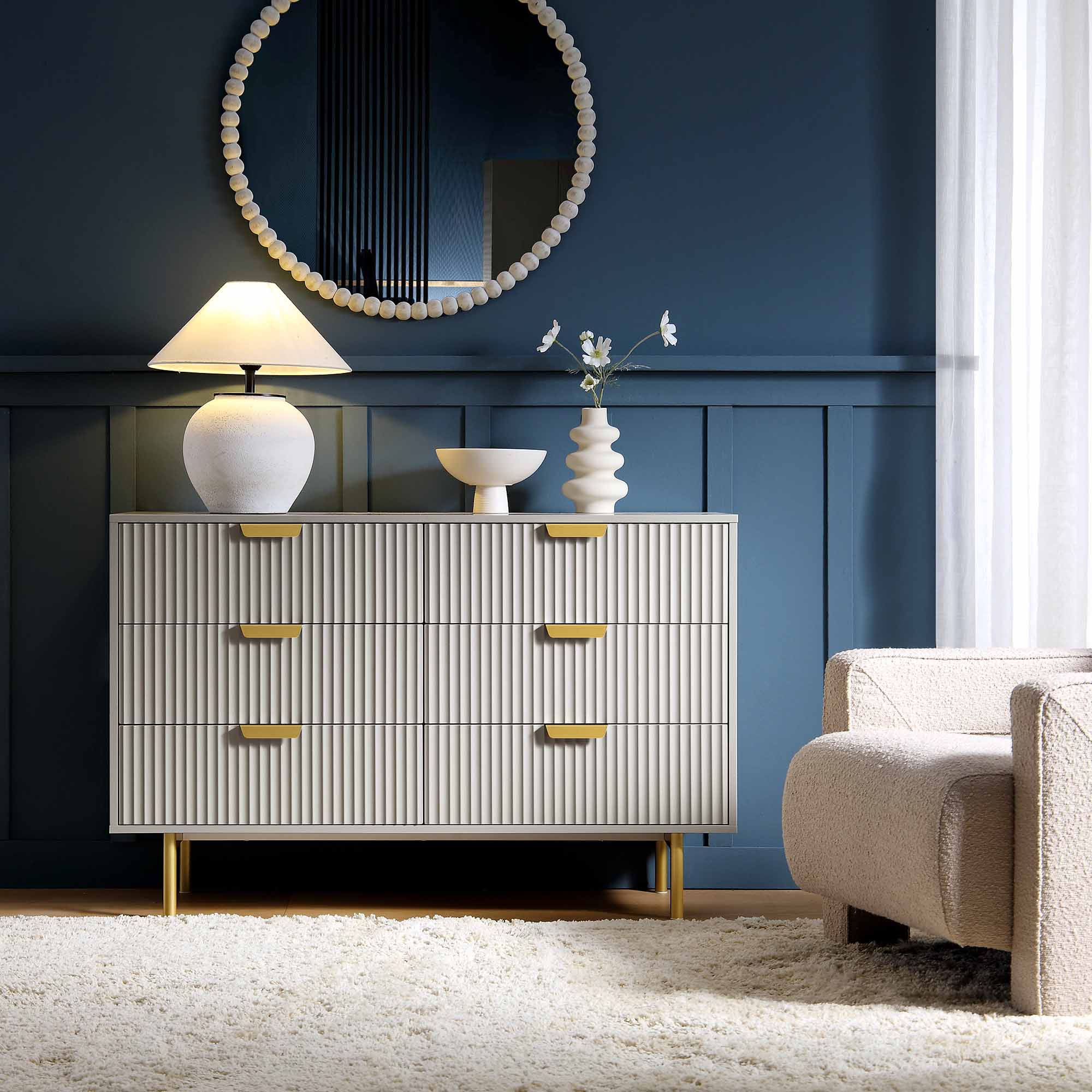Richmond Ridged Wide Chest of 6 Drawers, Matte Taupe
