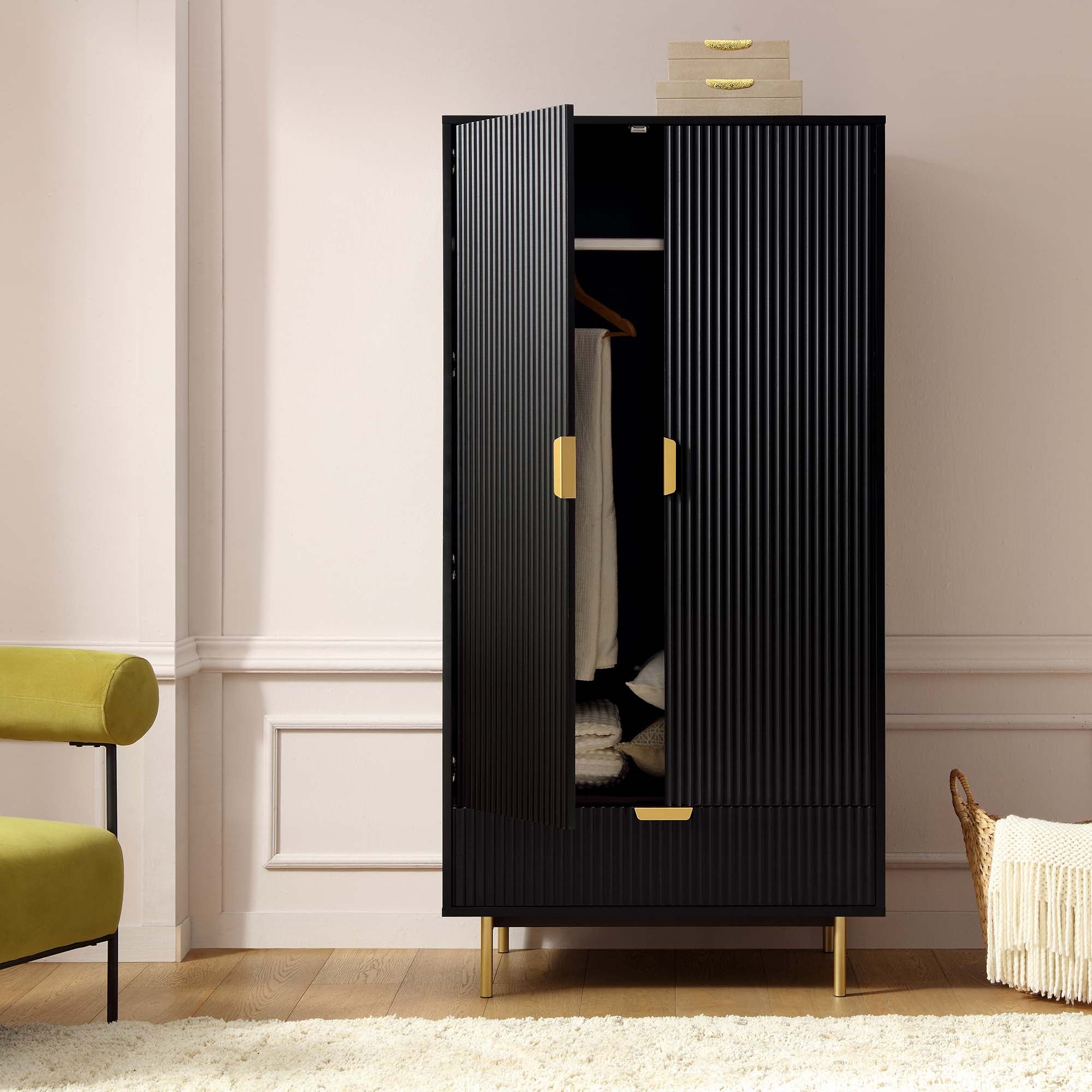 Richmond Ridged Double Wardrobe with Drawer, Matte Black