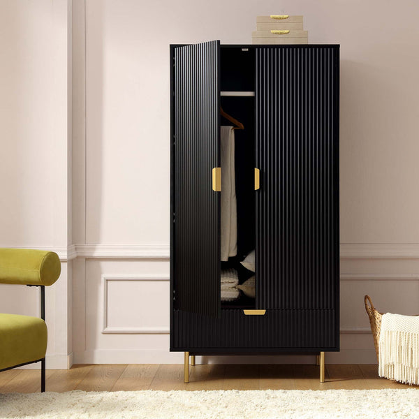 Richmond Ridged Double Wardrobe with Drawer, Matte Black