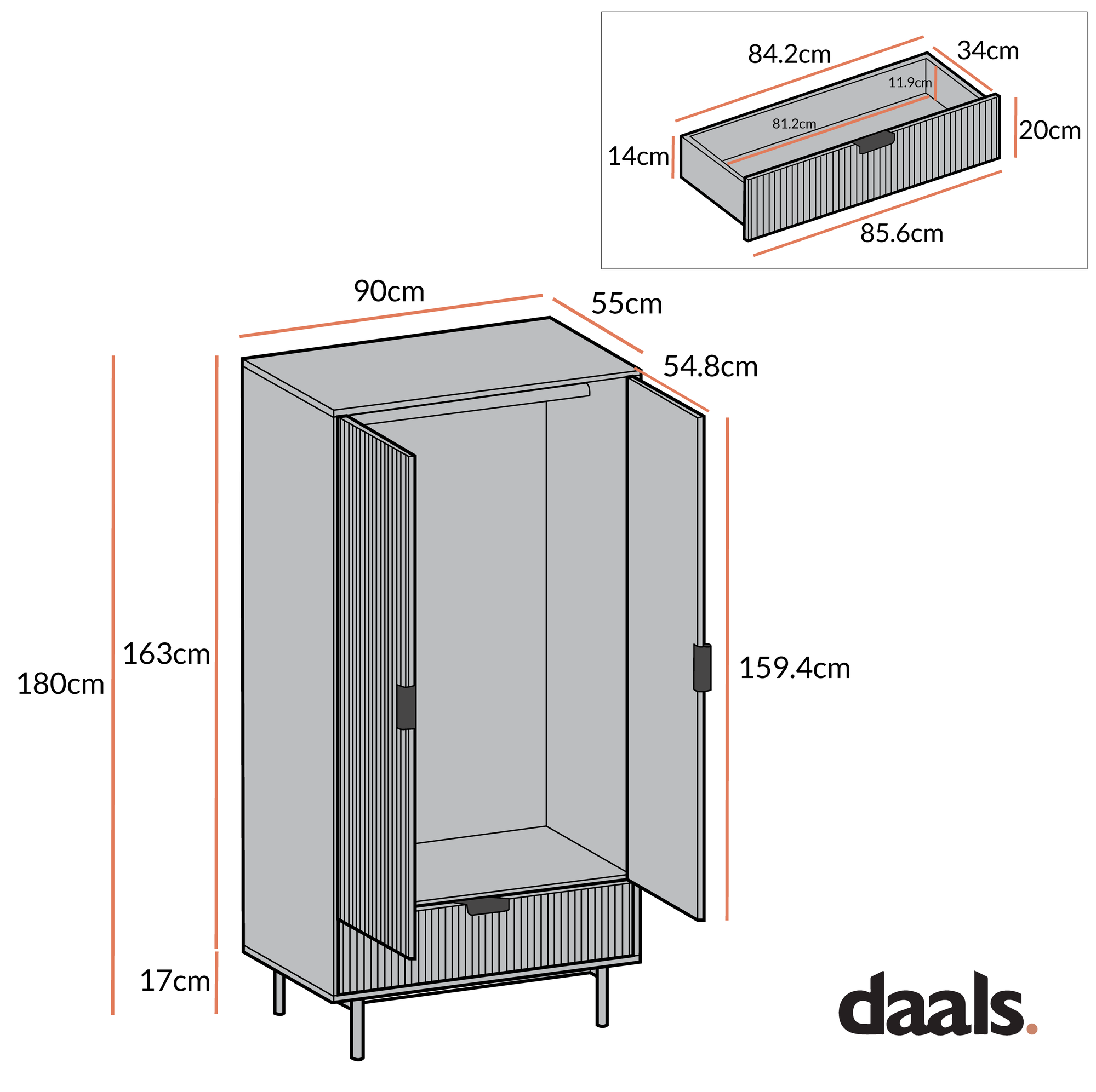 Richmond Ridged Double Wardrobe with Drawer, Matte Taupe