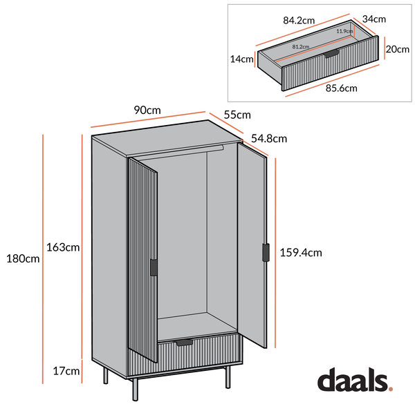 Richmond Ridged Double Wardrobe with Drawer, Dark Ash