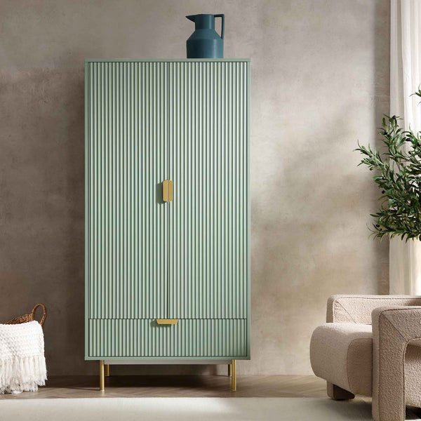 Richmond Ridged Double Wardrobe with Drawer, Matte Sage Green