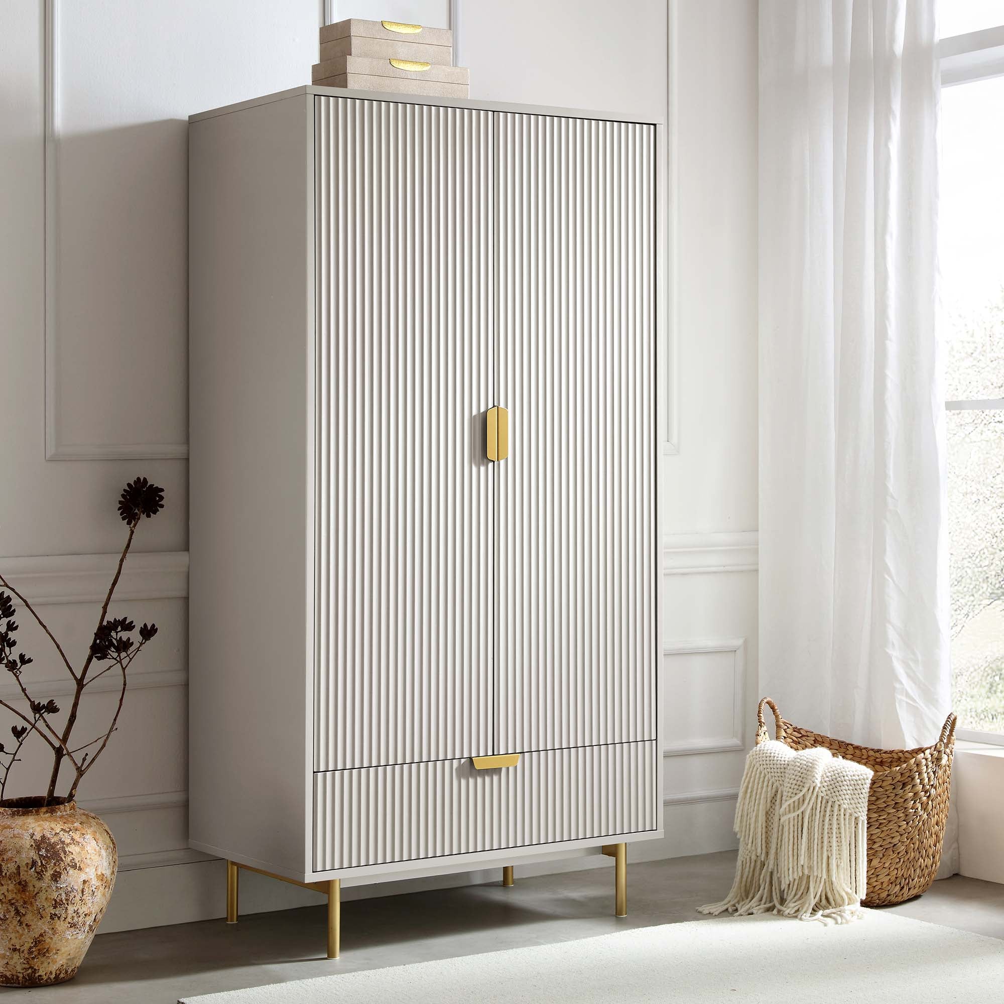 Richmond Ridged Double Wardrobe with Drawer, Matte Taupe