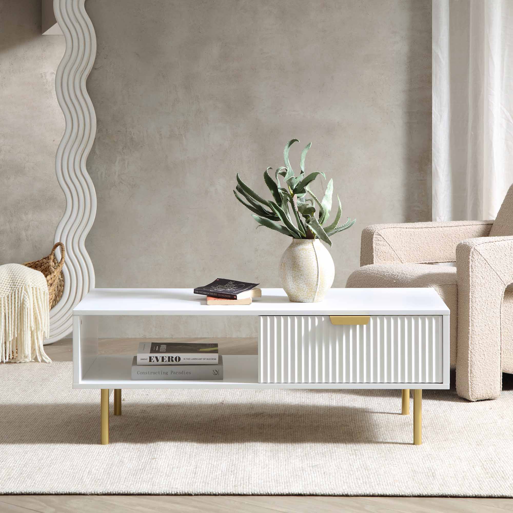 Richmond Ridged Coffee Table with Drawer, Matte White