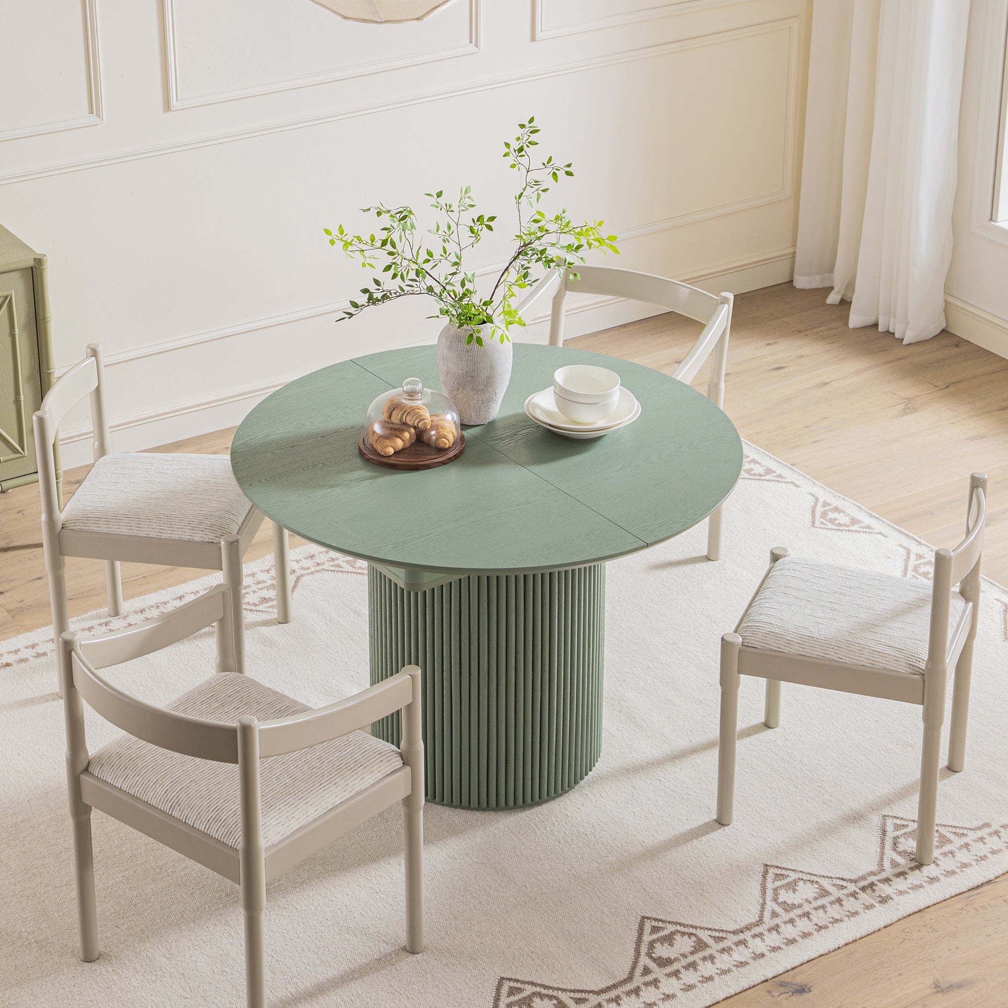 Maru Round 4-6 Seater Extending Oak Pedestal Dining Table, Sage Green