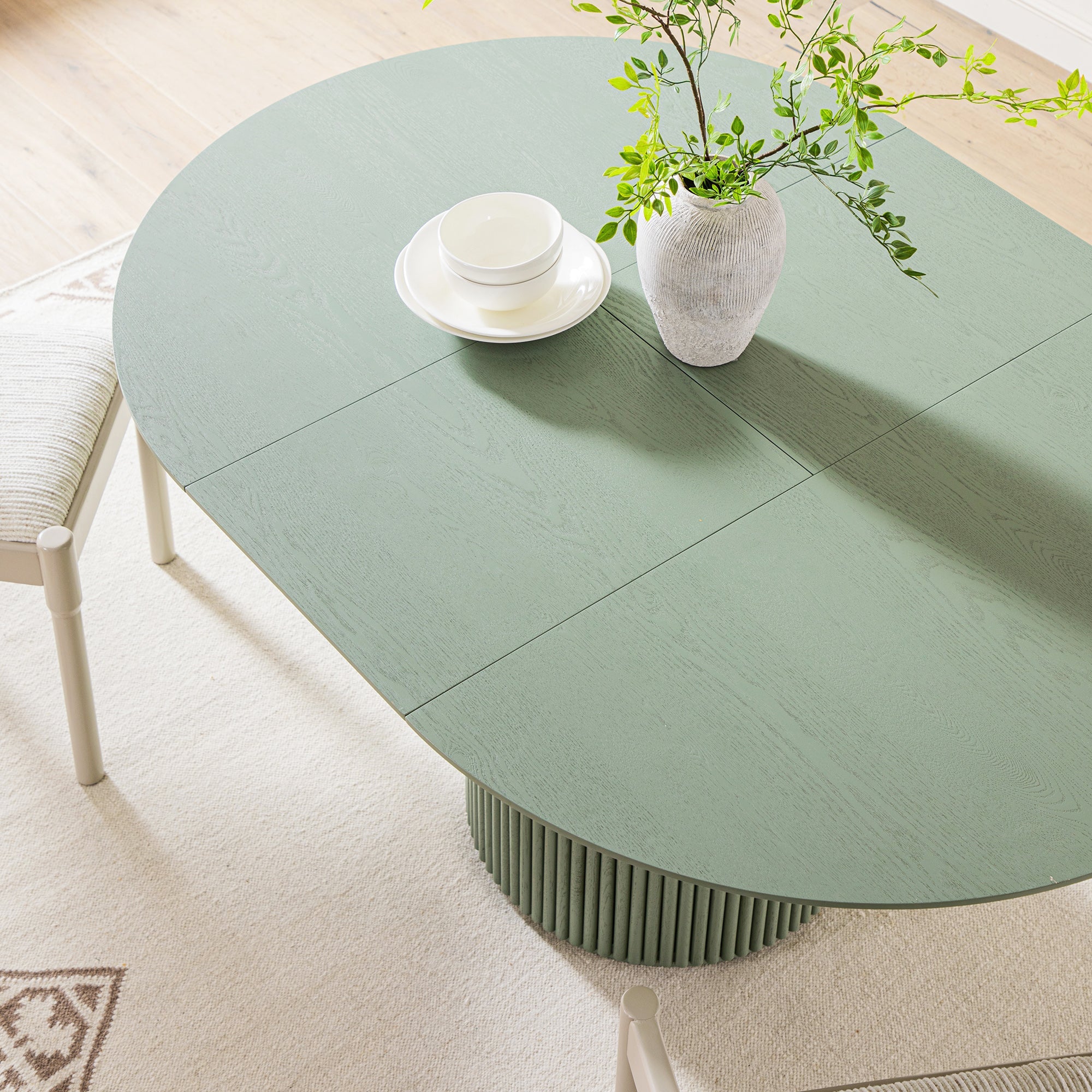 Maru Round 4-6 Seater Extending Oak Pedestal Dining Table, Sage Green