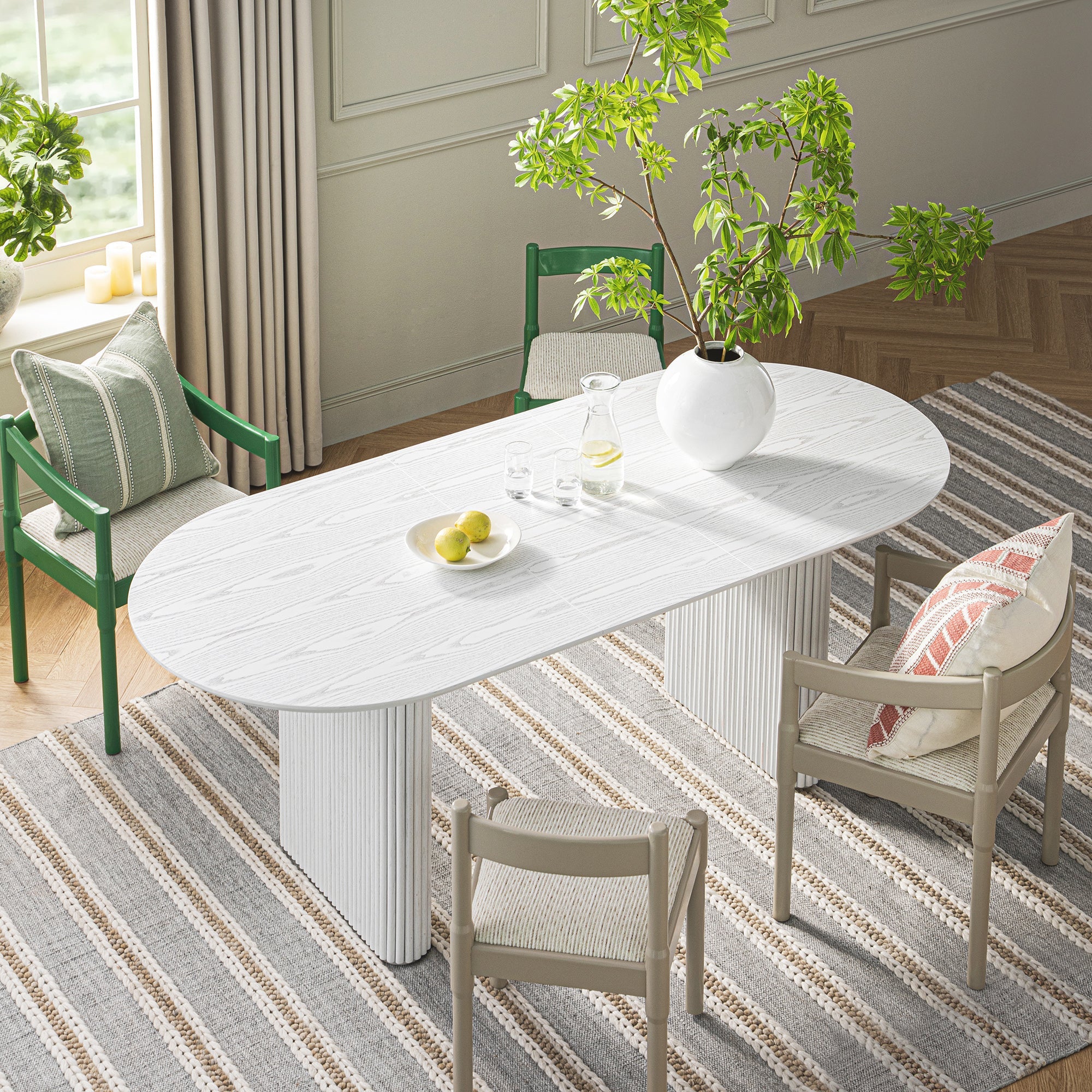 Maru Oval 6-8 Seater Extending Oak Pedestal Dining Table, Washed White