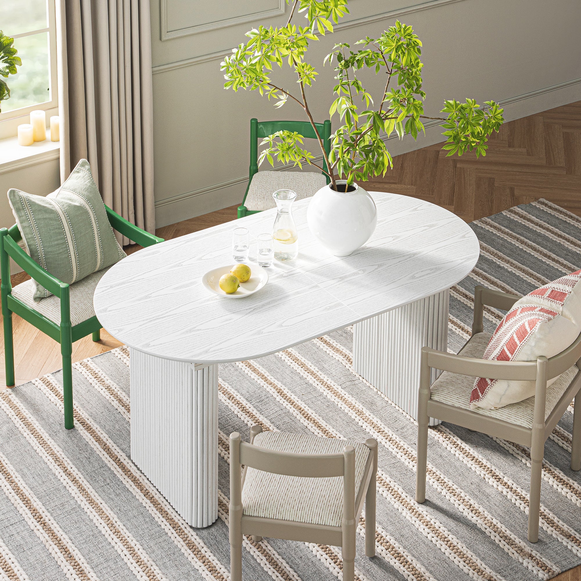 Maru Oval 6-8 Seater Extending Oak Pedestal Dining Table, Washed White