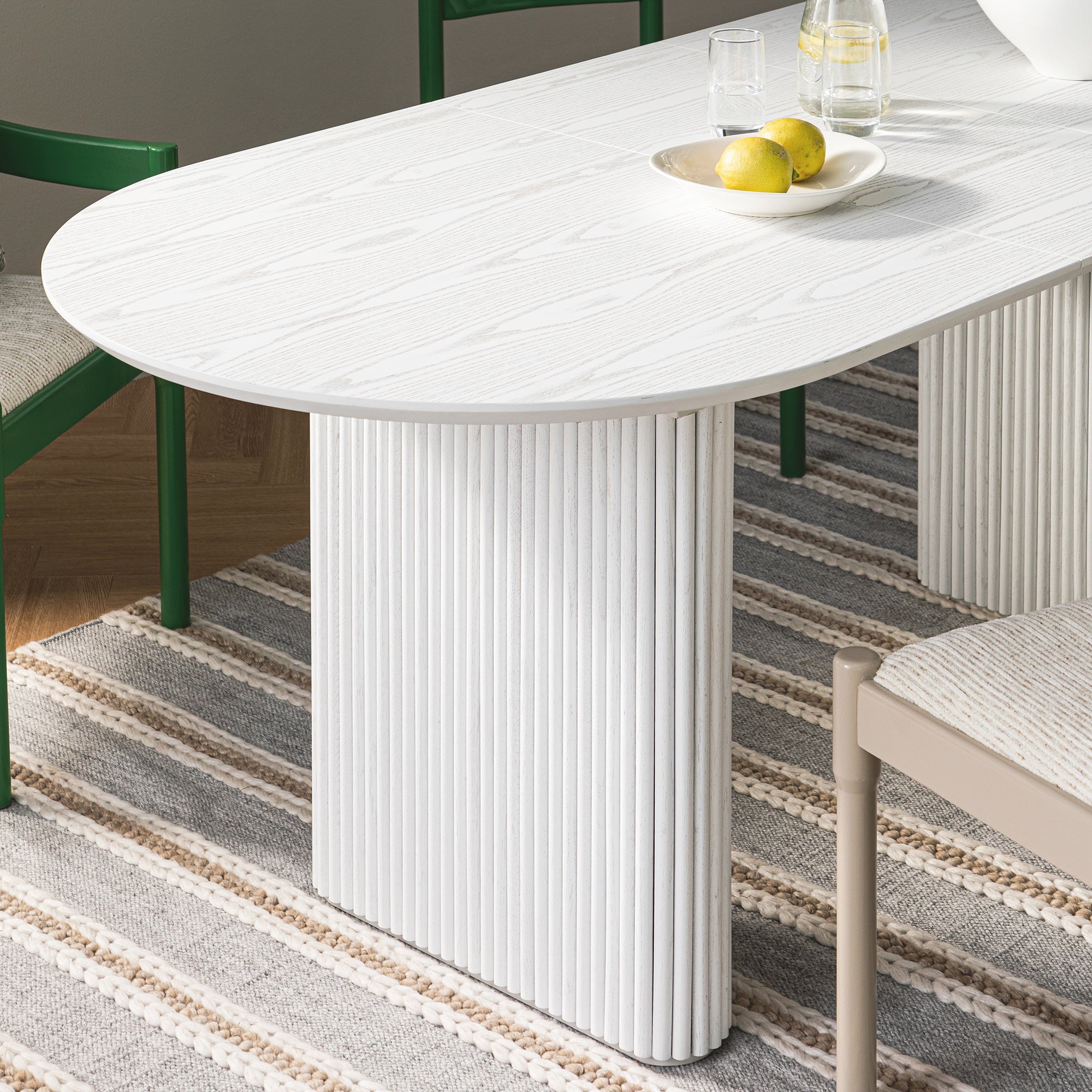 Maru Oval 6-8 Seater Extending Oak Pedestal Dining Table, Washed White