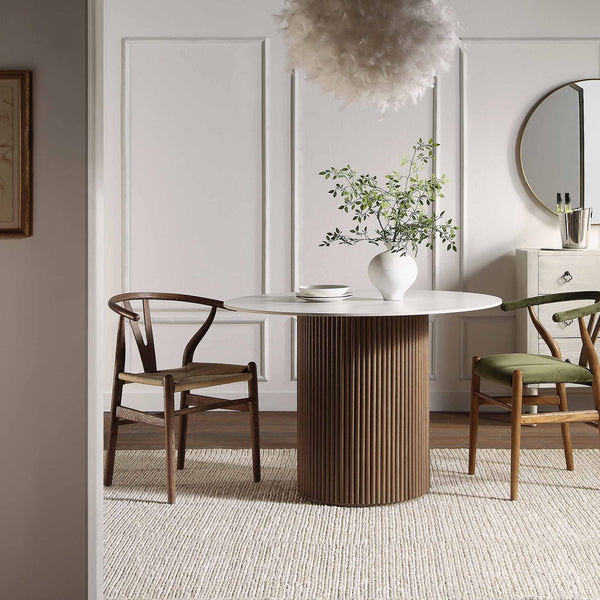 Maru Ceramic Top Silver Oak Pedestal Round Dining Table