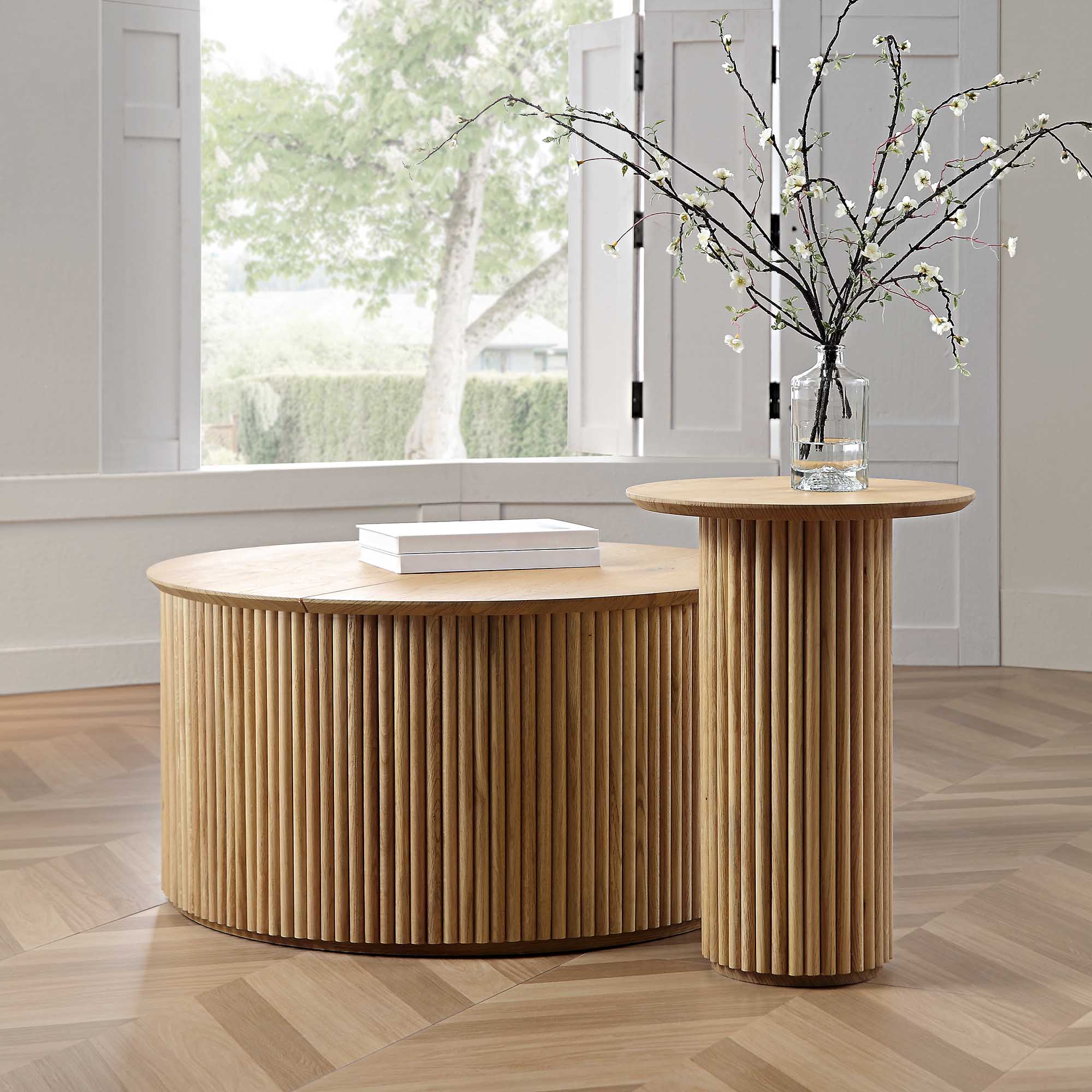 Maru Oak Round Coffee Table with Storage, Oak