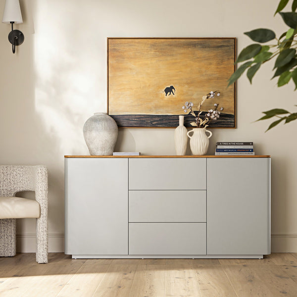 Agnes Curved Edge 2 Door 3 Drawer Wide Sideboard, Dove Grey with Oak Top