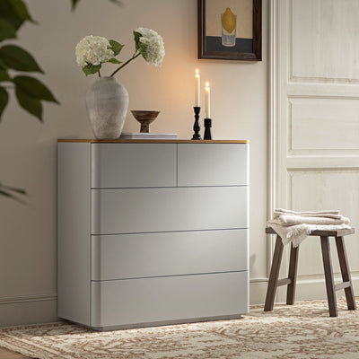 Agnes Curved Edge 2 over 3 Chest of Drawers, Dove Grey with Oak Top