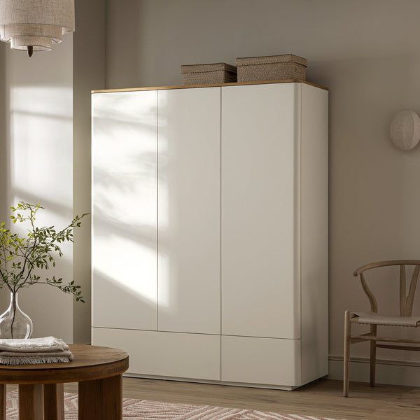 Agnes Curved Edge Triple Wardrobe, Off White with Oak Top