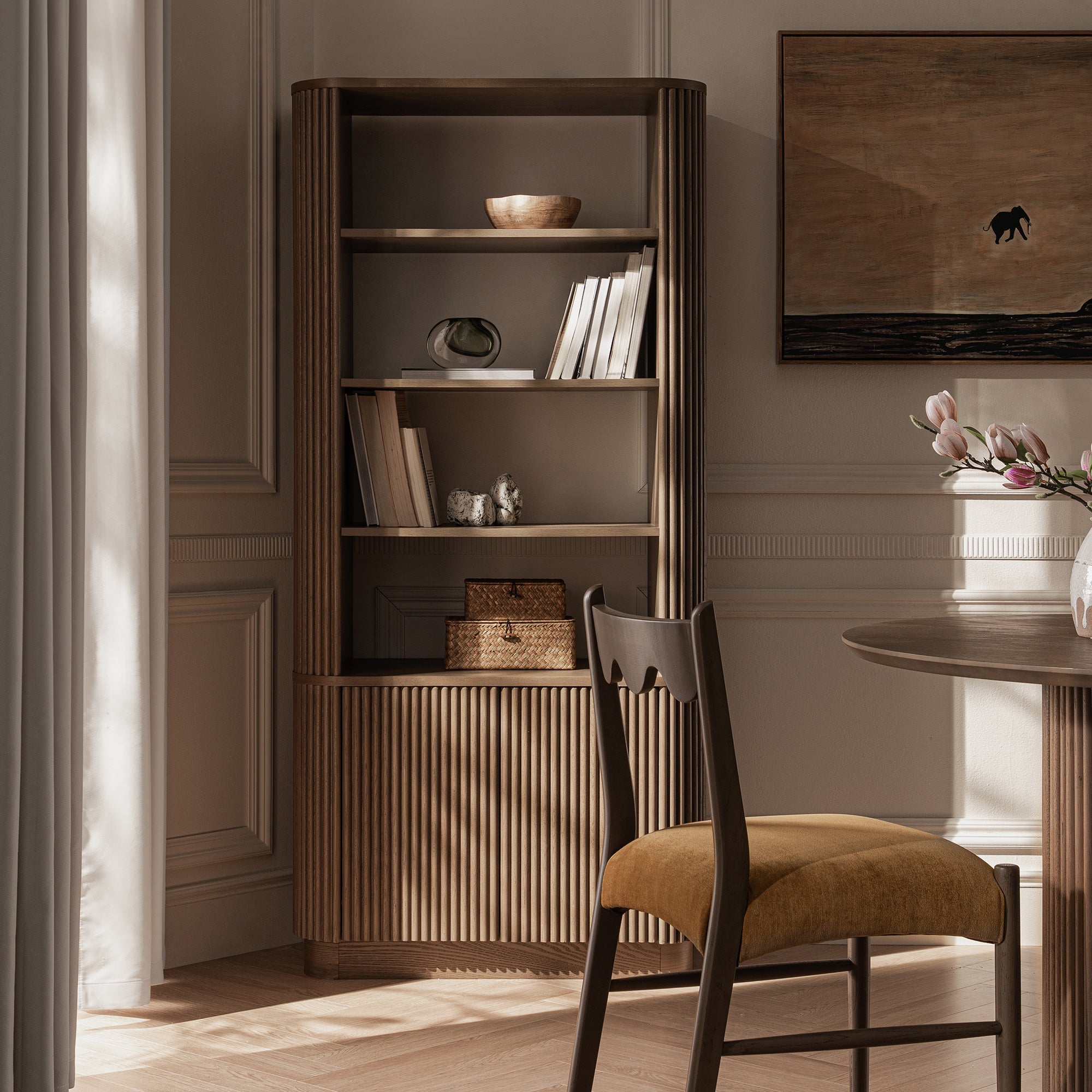 Maru Bookcase with Cabinet, Silver Oak