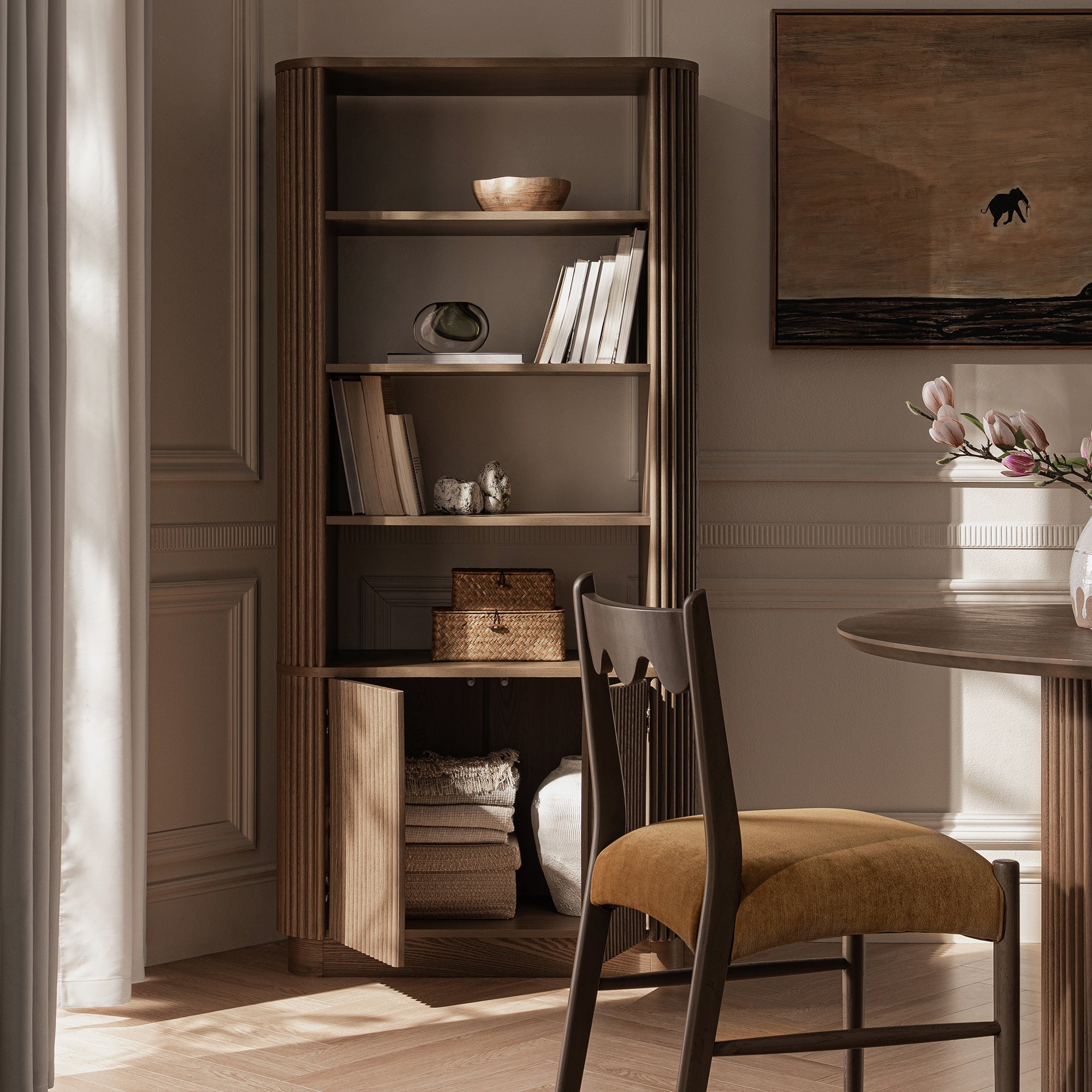 Maru Bookcase with Cabinet, Silver Oak