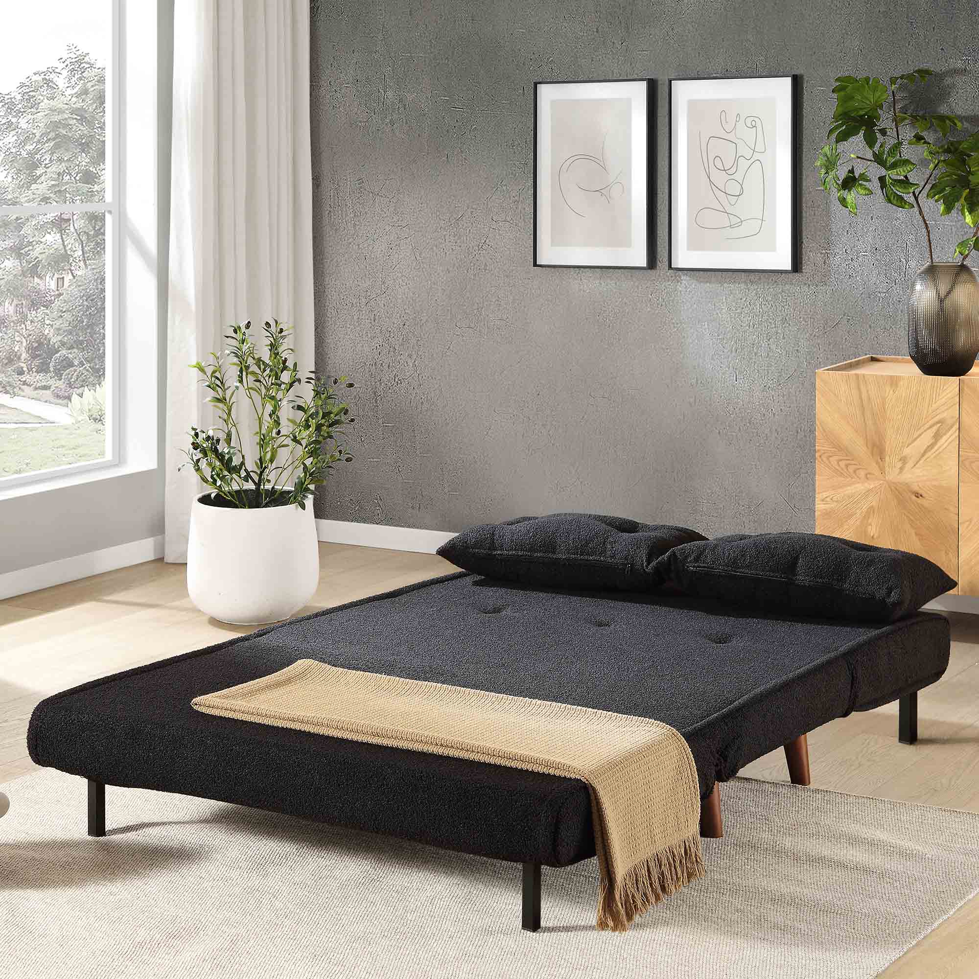 Algo Sofabed with Cushions in Charcoal Teddy Fabric 2 Seater
