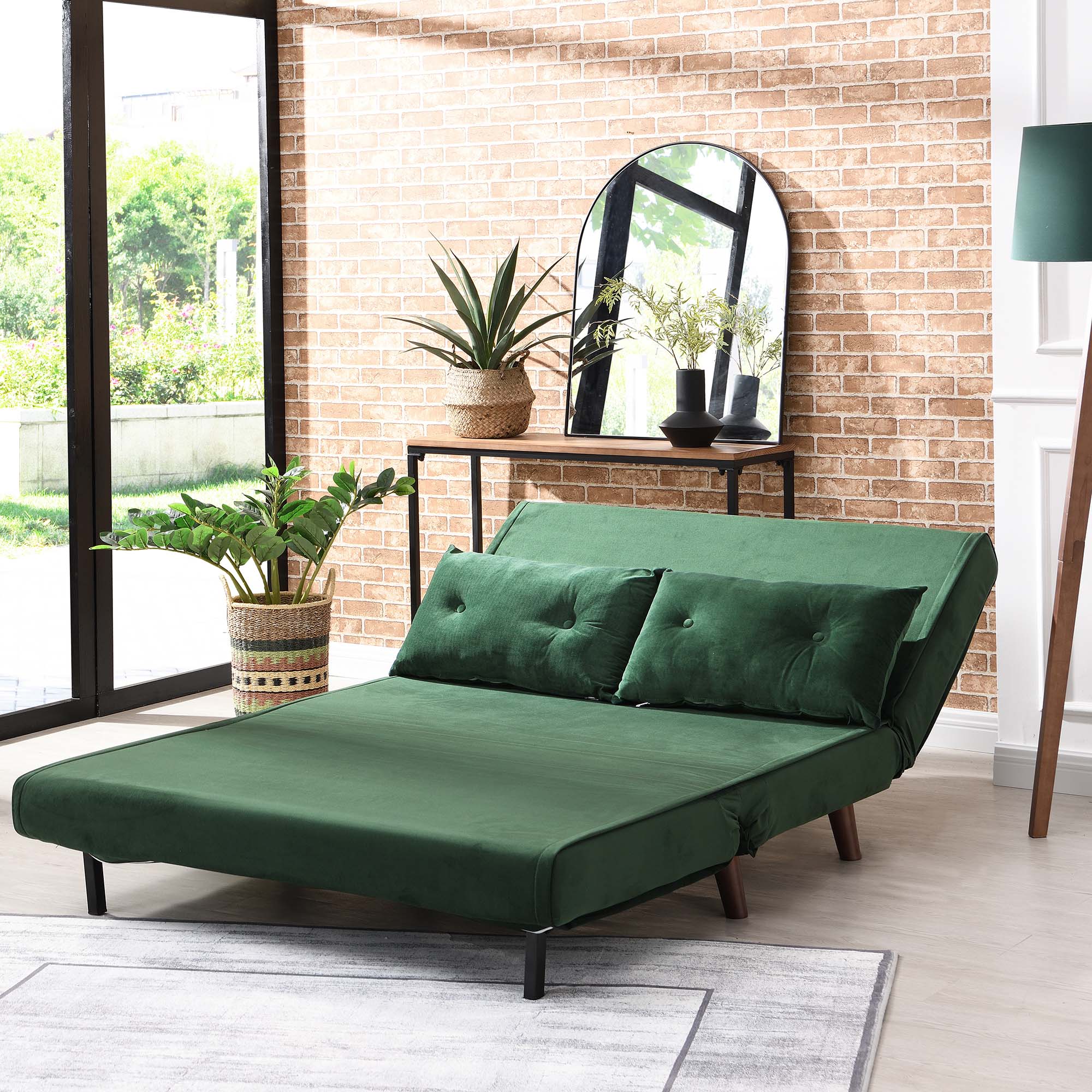 ALGO 2-Seater Small Double Folding Sofa Bed with Cushion Pine Green Velvet