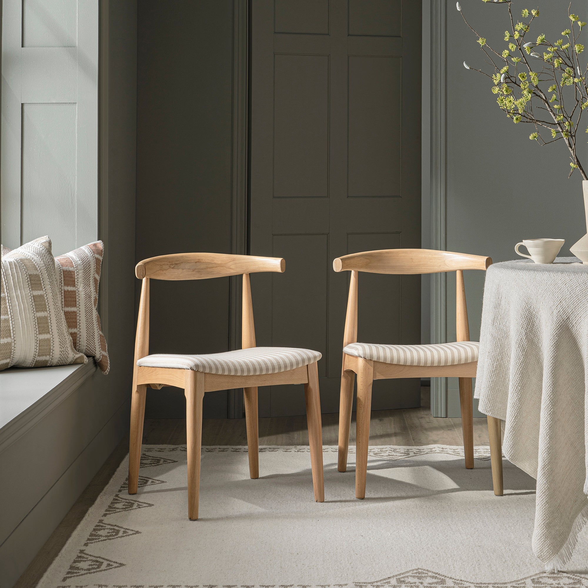 Arley Set of 2 Beech Wood Dining Chairs, Natural and Light Taupe Striped