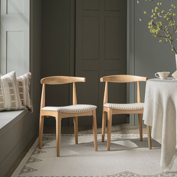 Arley Set of 2 Beech Wood Dining Chairs, Natural and Light Taupe Striped