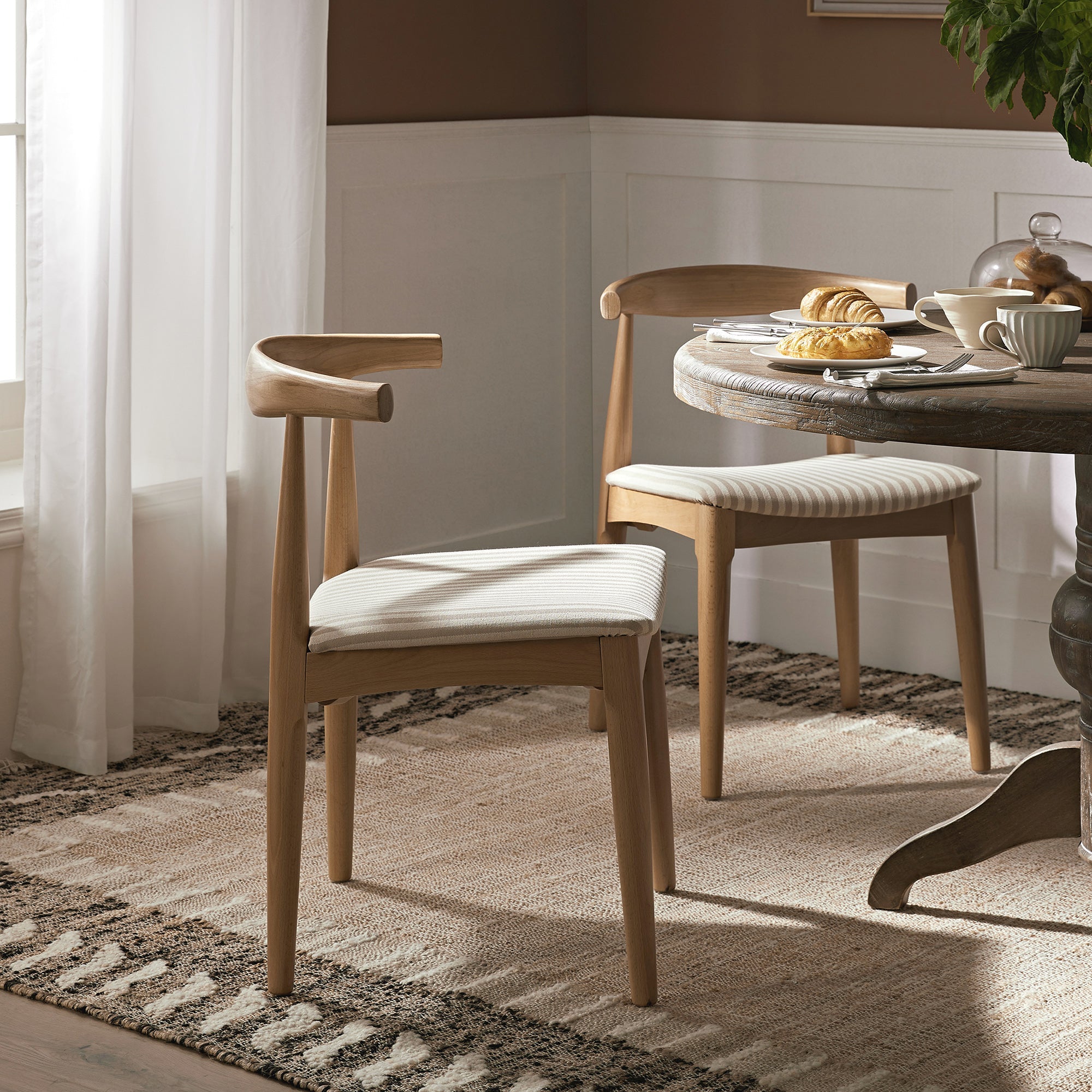 Arley Set of 2 Beech Wood Dining Chairs, Natural and Light Taupe Striped