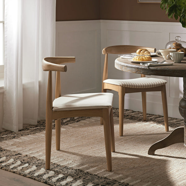 Arley Set of 2 Beech Wood Dining Chairs, Natural and Light Taupe Striped