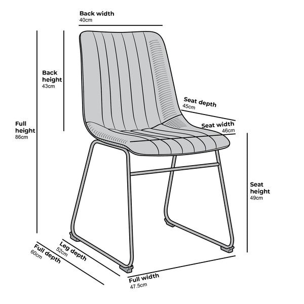 Sutton Set of 2 Vegan Leather Fluted Dining Chairs with Metal Frame (Steel Grey)