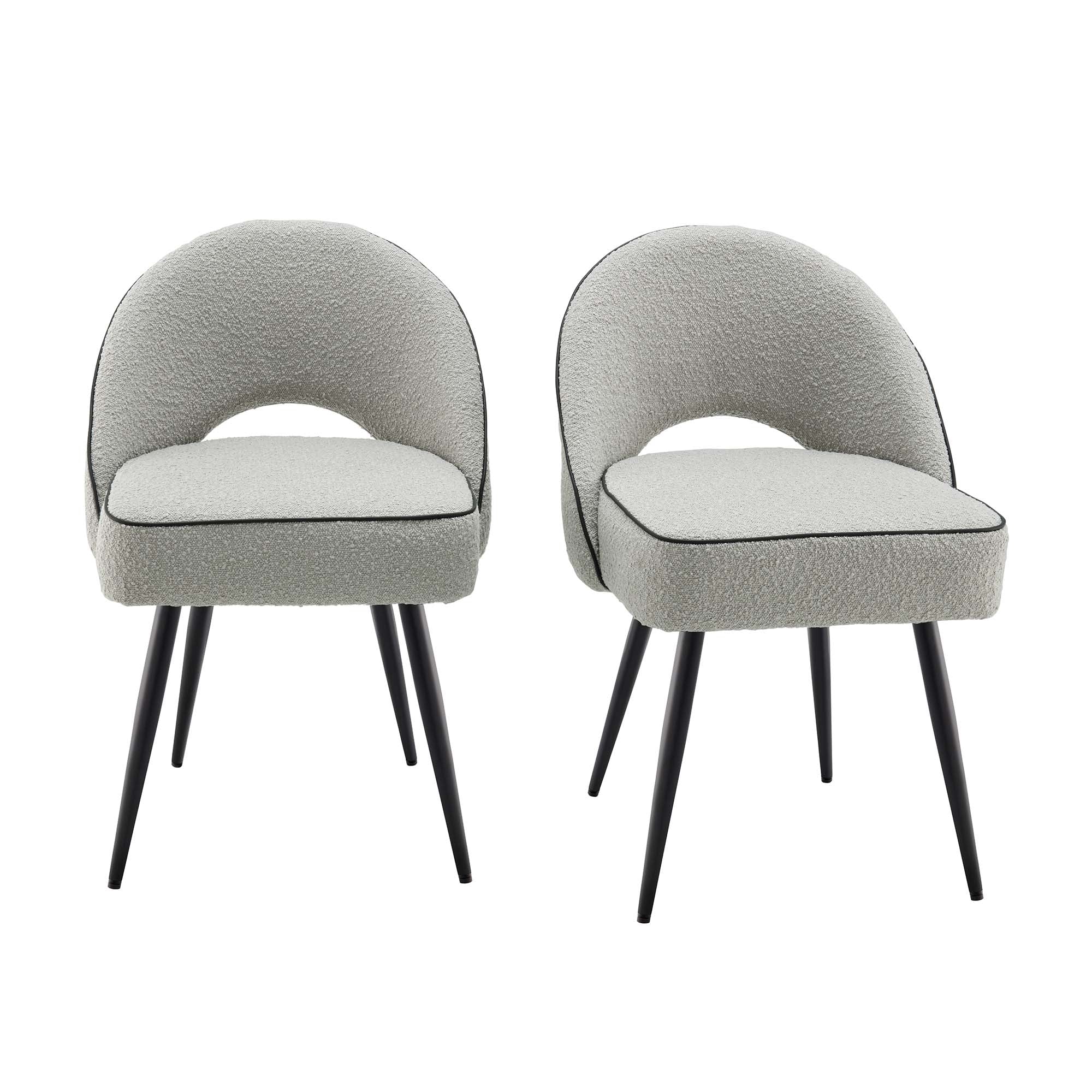 Oakley Set of 2 Grey Boucle Upholstered Dining Chairs with Piping