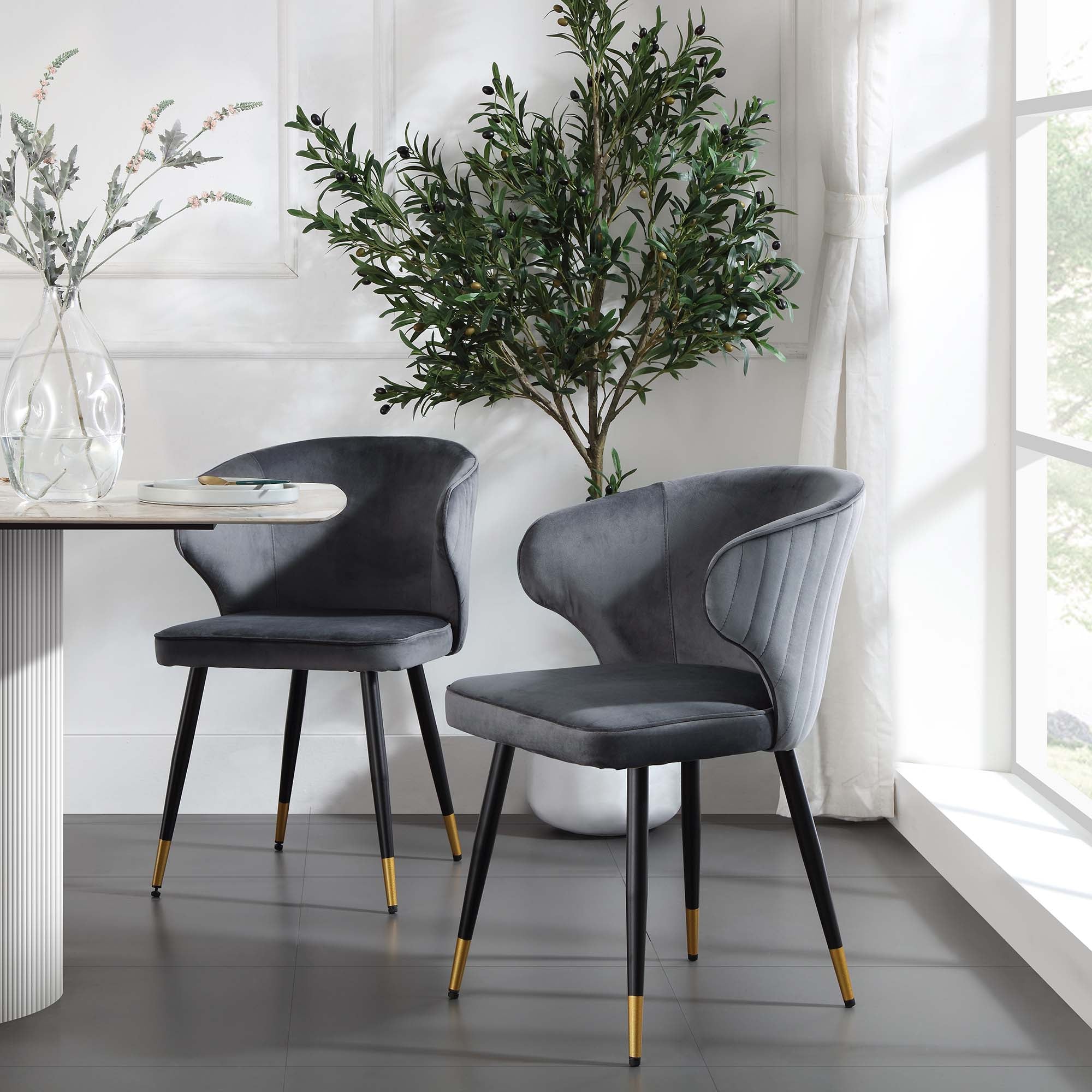 Langham Set of 2 Grey Velvet Upholstered Carver Dining Chairs
