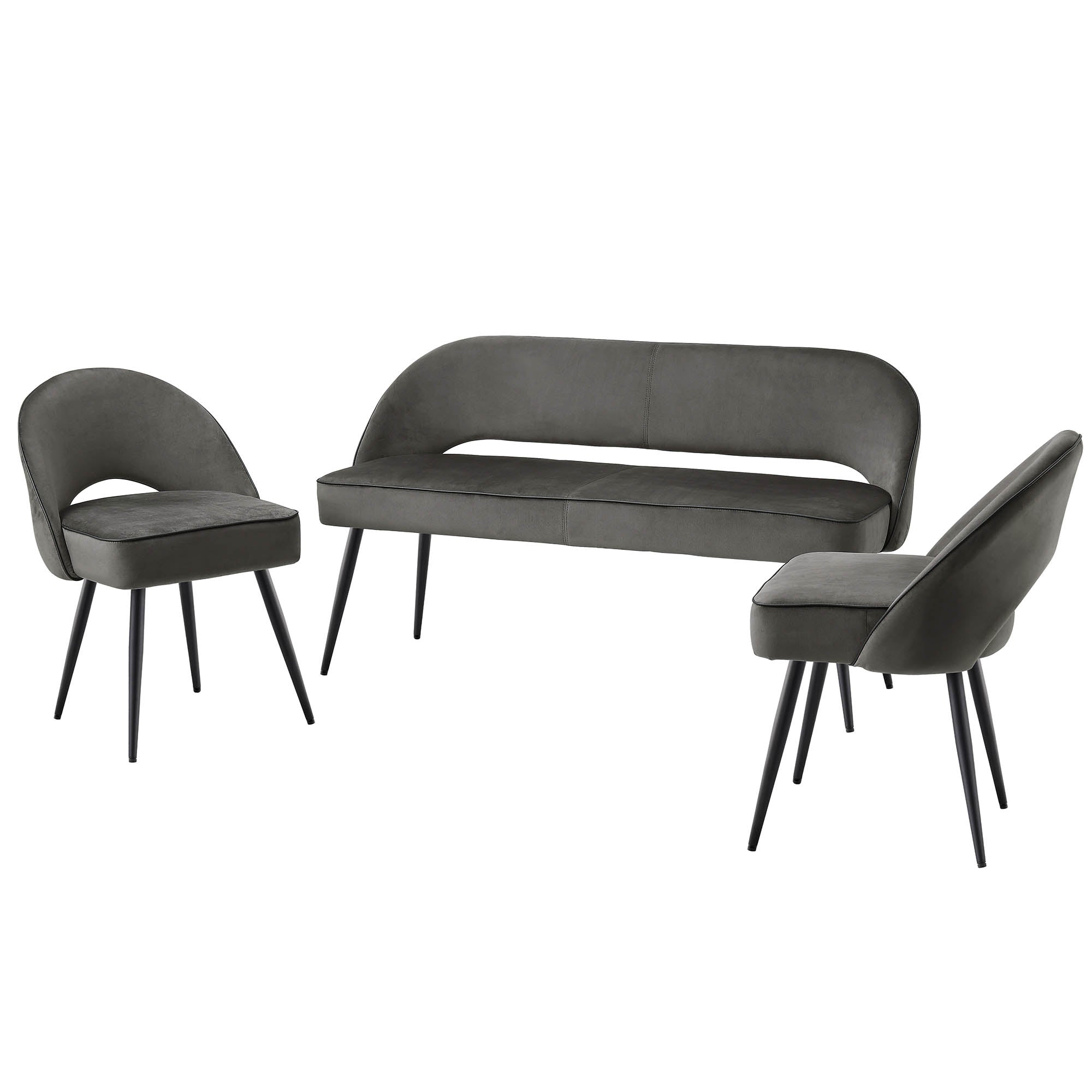 Oakley Dark Grey Velvet Upholstered 3 Seater Dining Bench with Contrast Piping