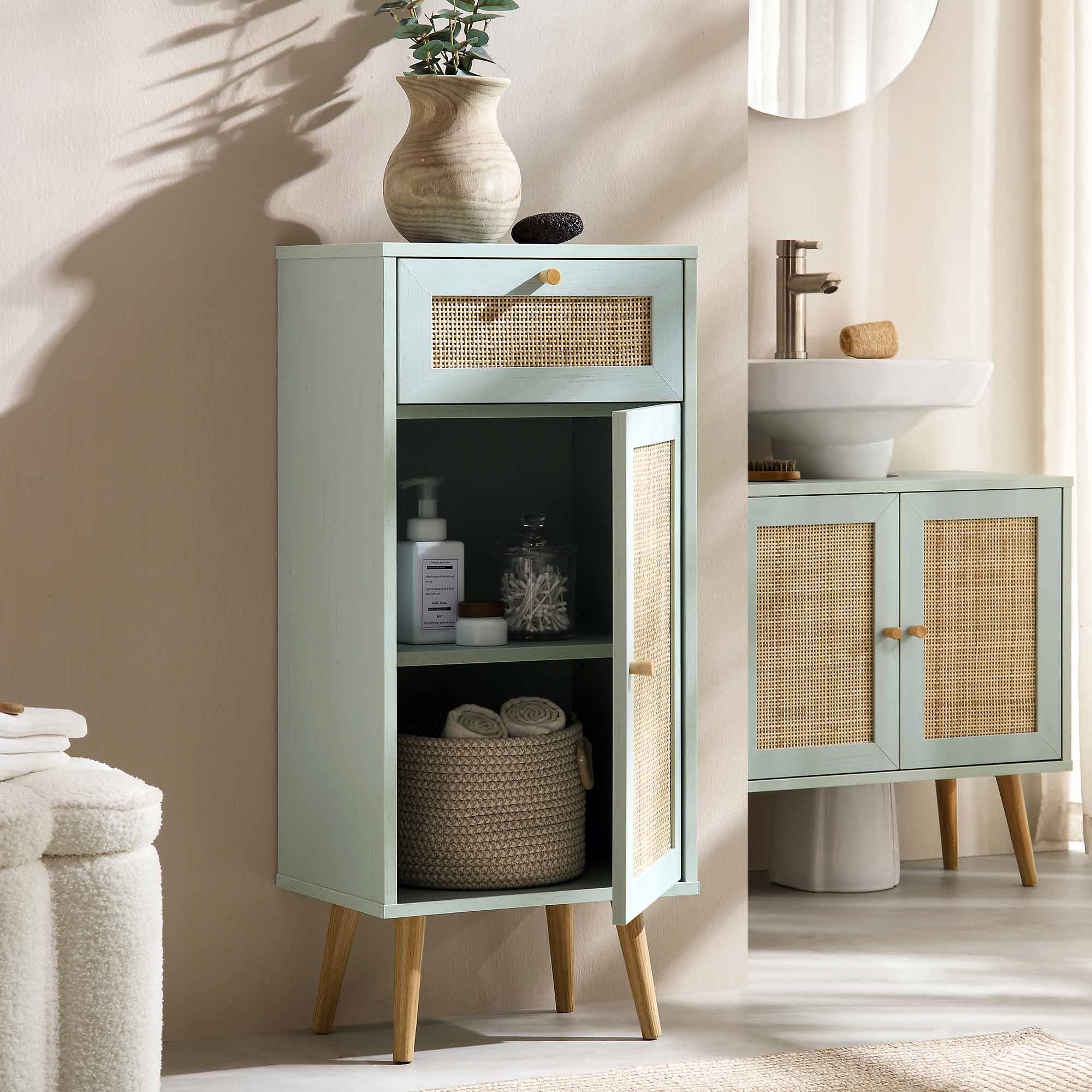 Frances Woven Rattan 1-Door Bathroom Cabinet, Mint