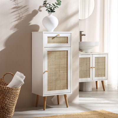 Frances Woven Rattan 1-Door Bathroom Cabinet, White