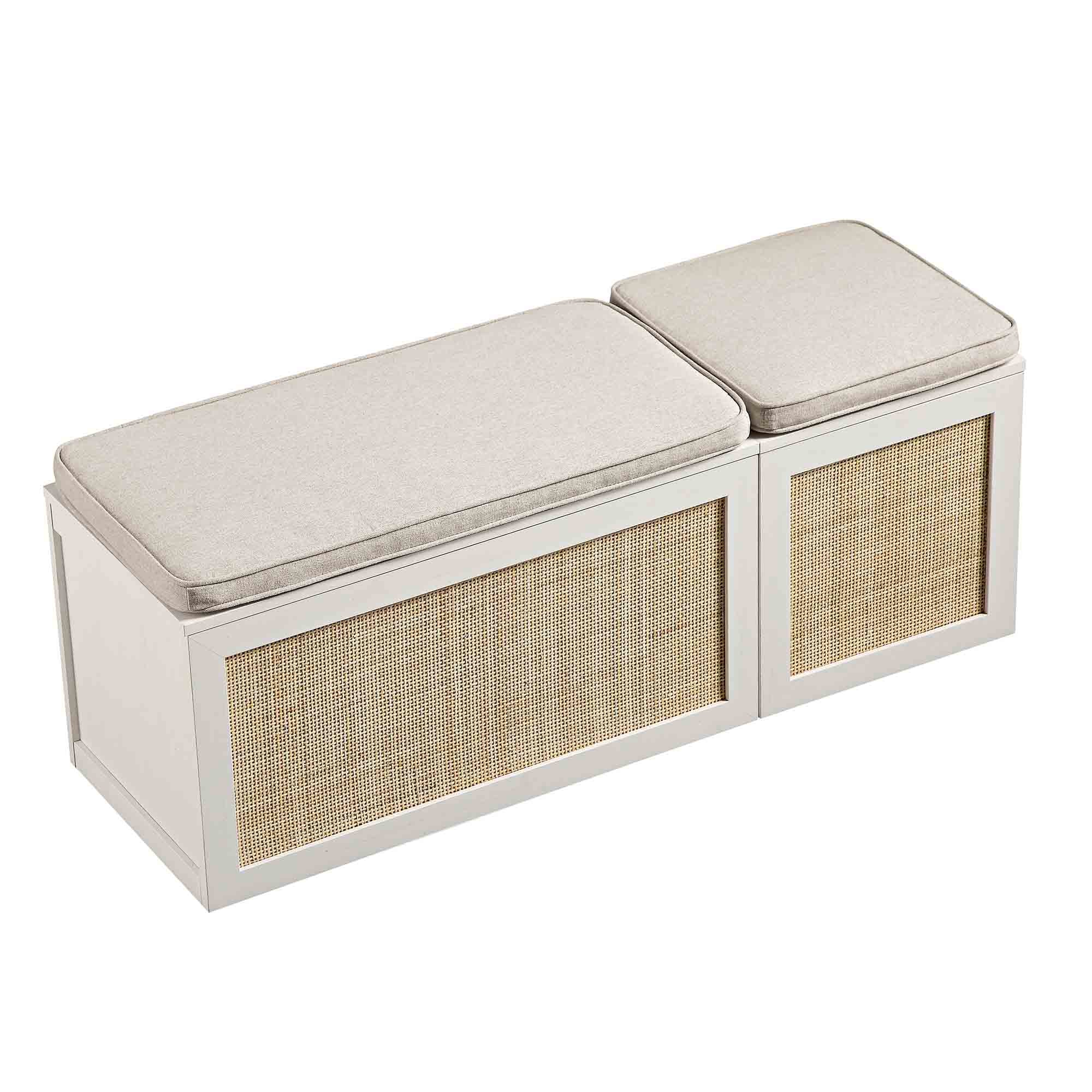 Frances Woven Rattan Triple Storage Stool Set with Cushion, White