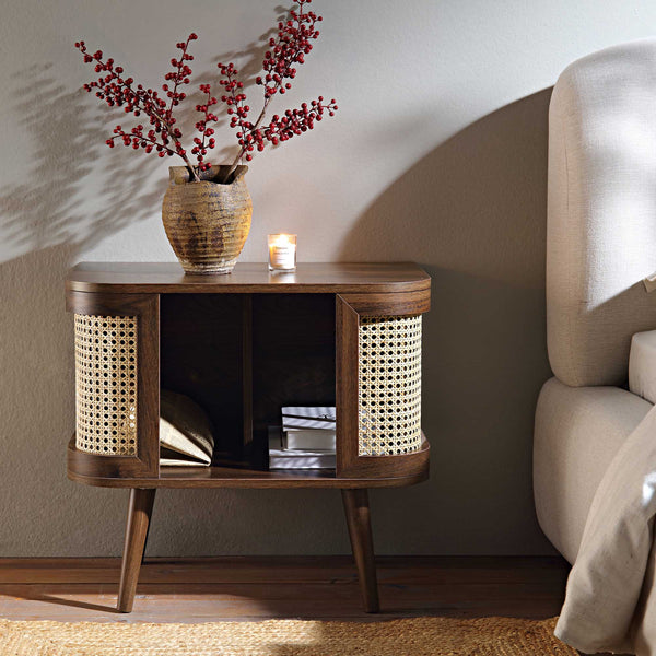 Izzy Curved Rattan Bedside Table, Walnut