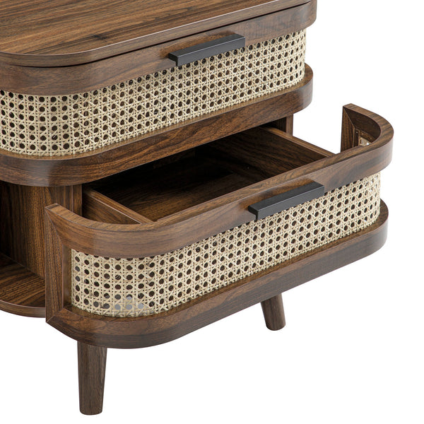Izzy Curved Rattan 2-Drawer Bedside Table, Walnut