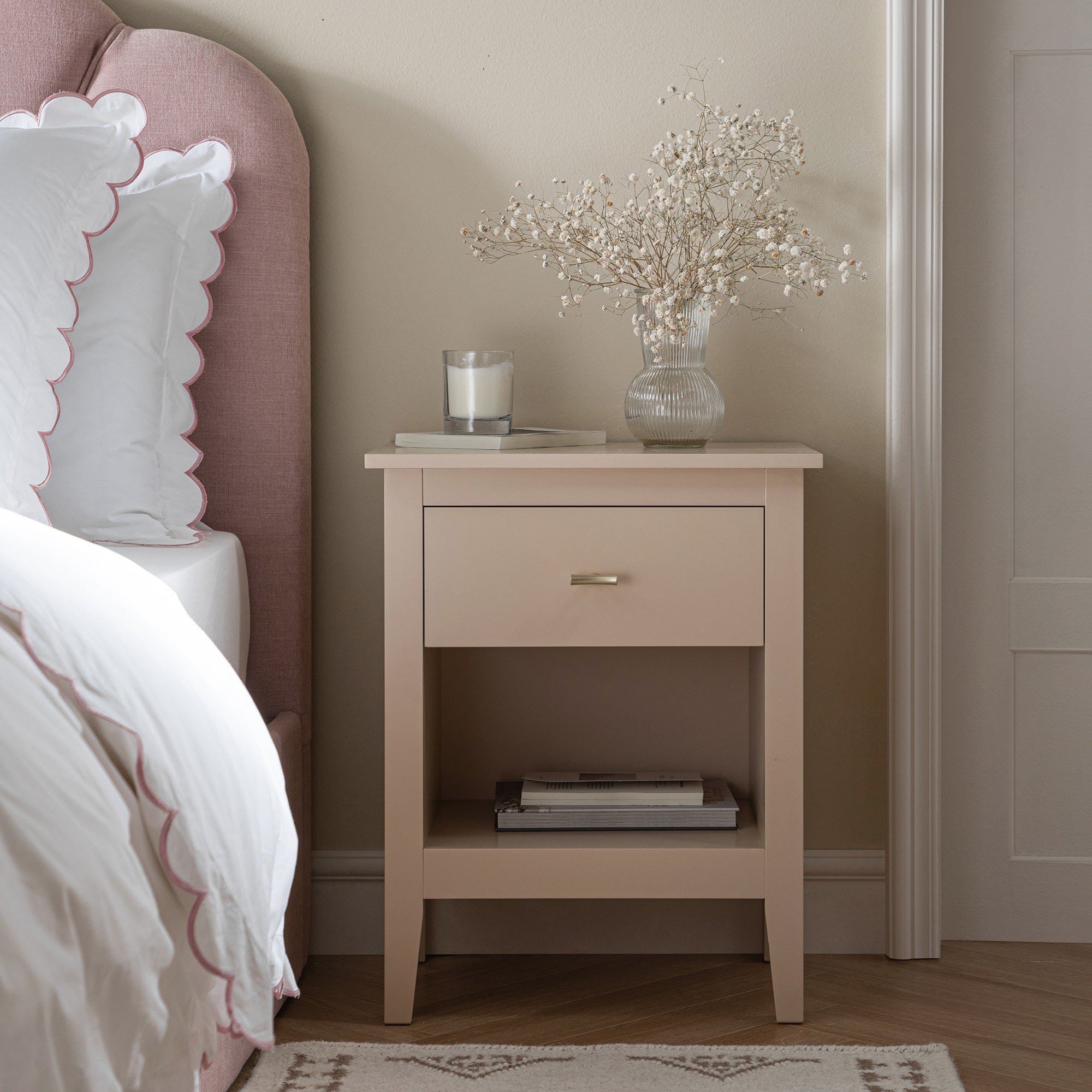 Oakham 1-Drawer Bedside Table, Nude Pink