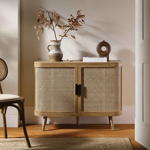 Izzy Curved Rattan 2-Door Small Sideboard, Natural
