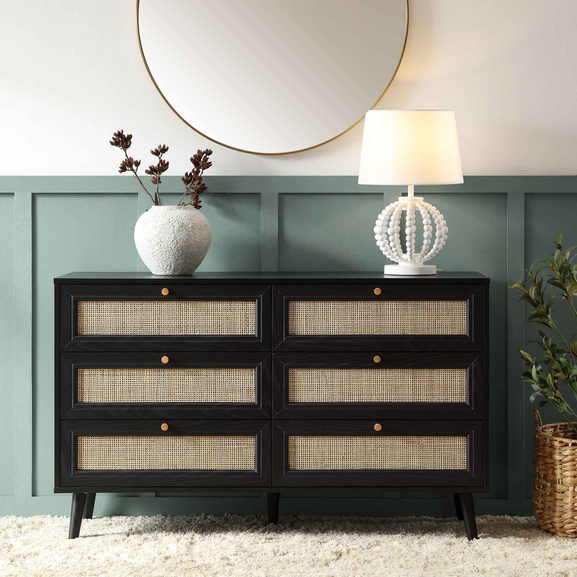 Frances Woven Rattan Chest of 6 Drawers, Black