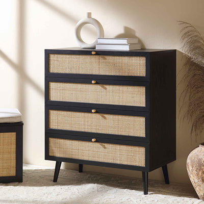 Frances Woven Rattan Tall Chest of 4 Drawers, Black