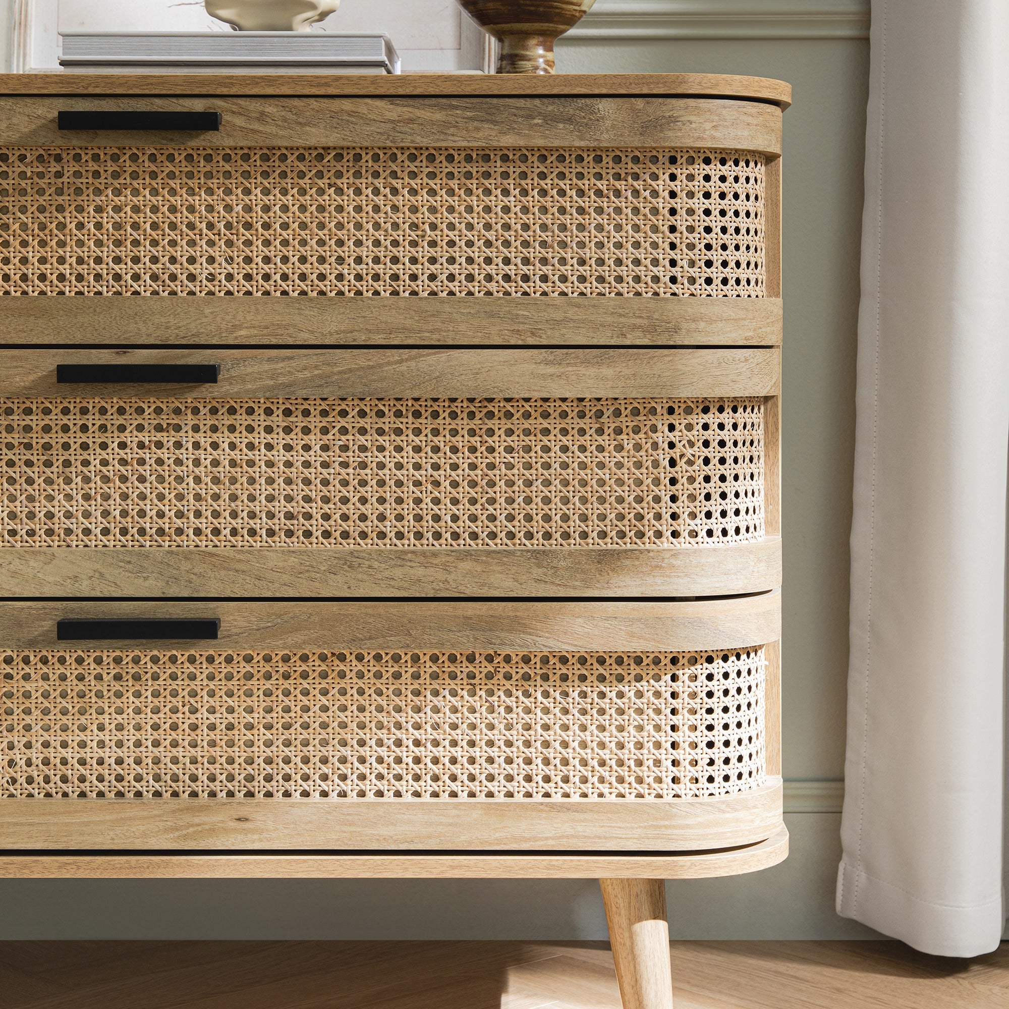 Izzy Curved Rattan Chest of 3 Drawers, Natural