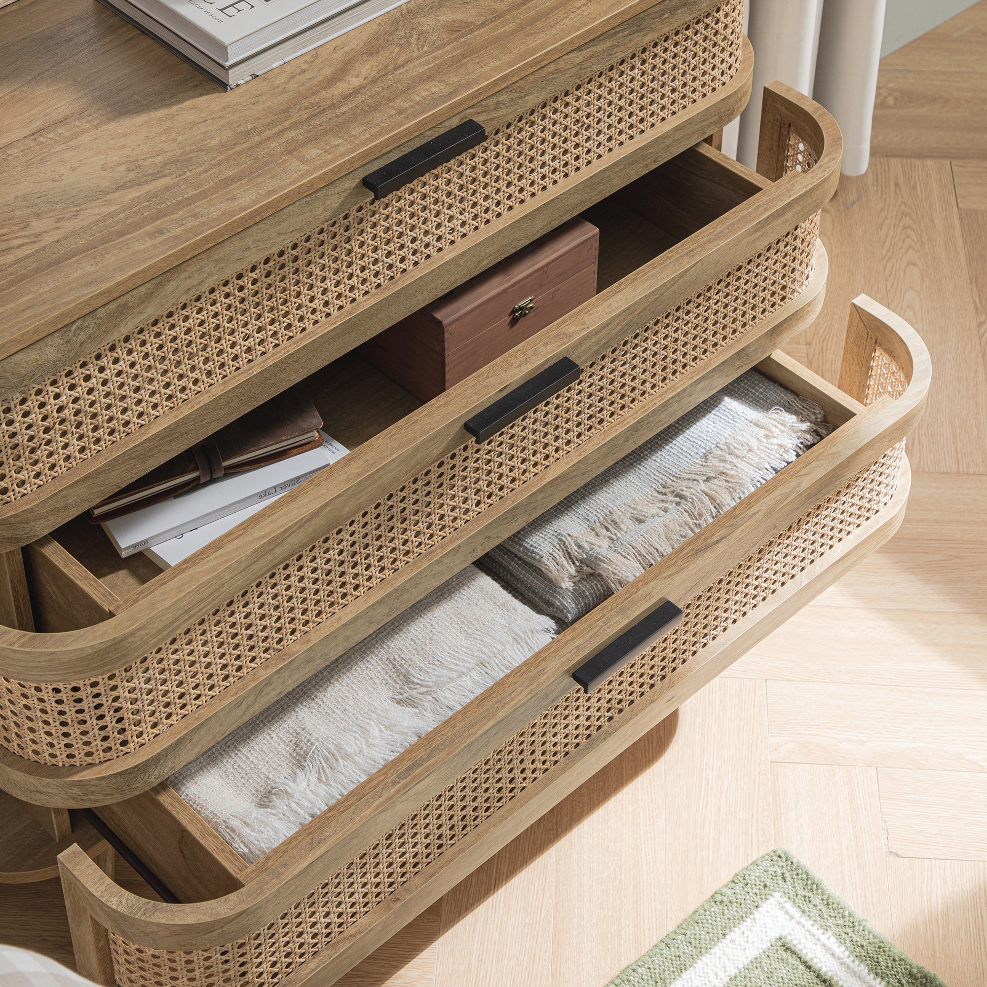 Izzy Curved Rattan Chest of 3 Drawers, Natural