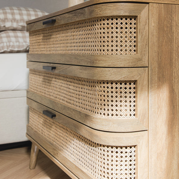 Izzy Curved Rattan Chest of 3 Drawers, Natural