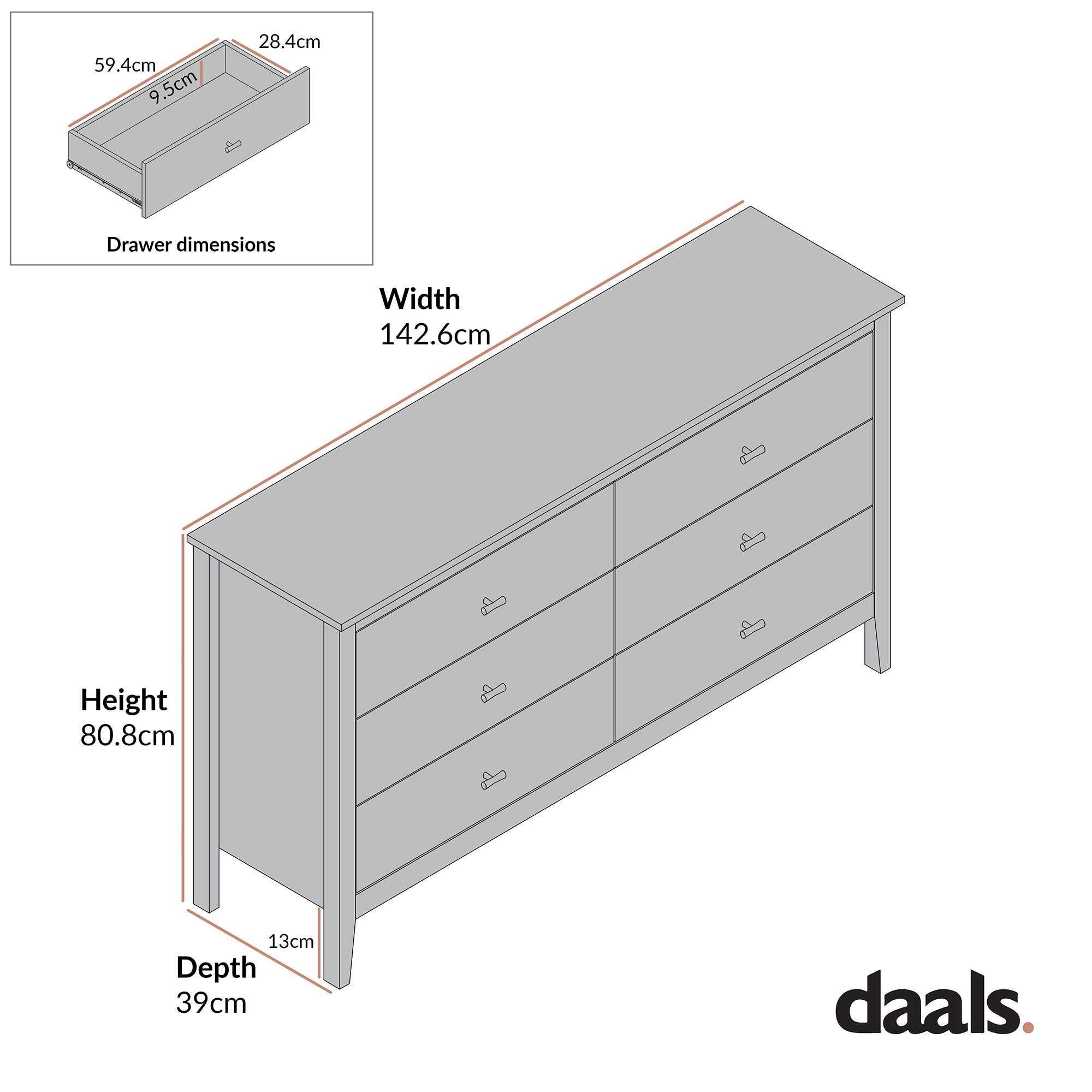 Oakham Chest of 6 Drawers, Deep Greige