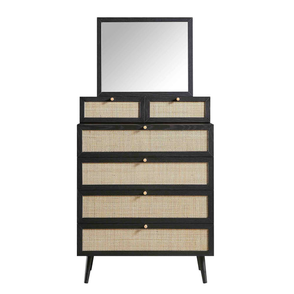 Frances Woven Rattan Tall Vanity Chest with Mirror, Black