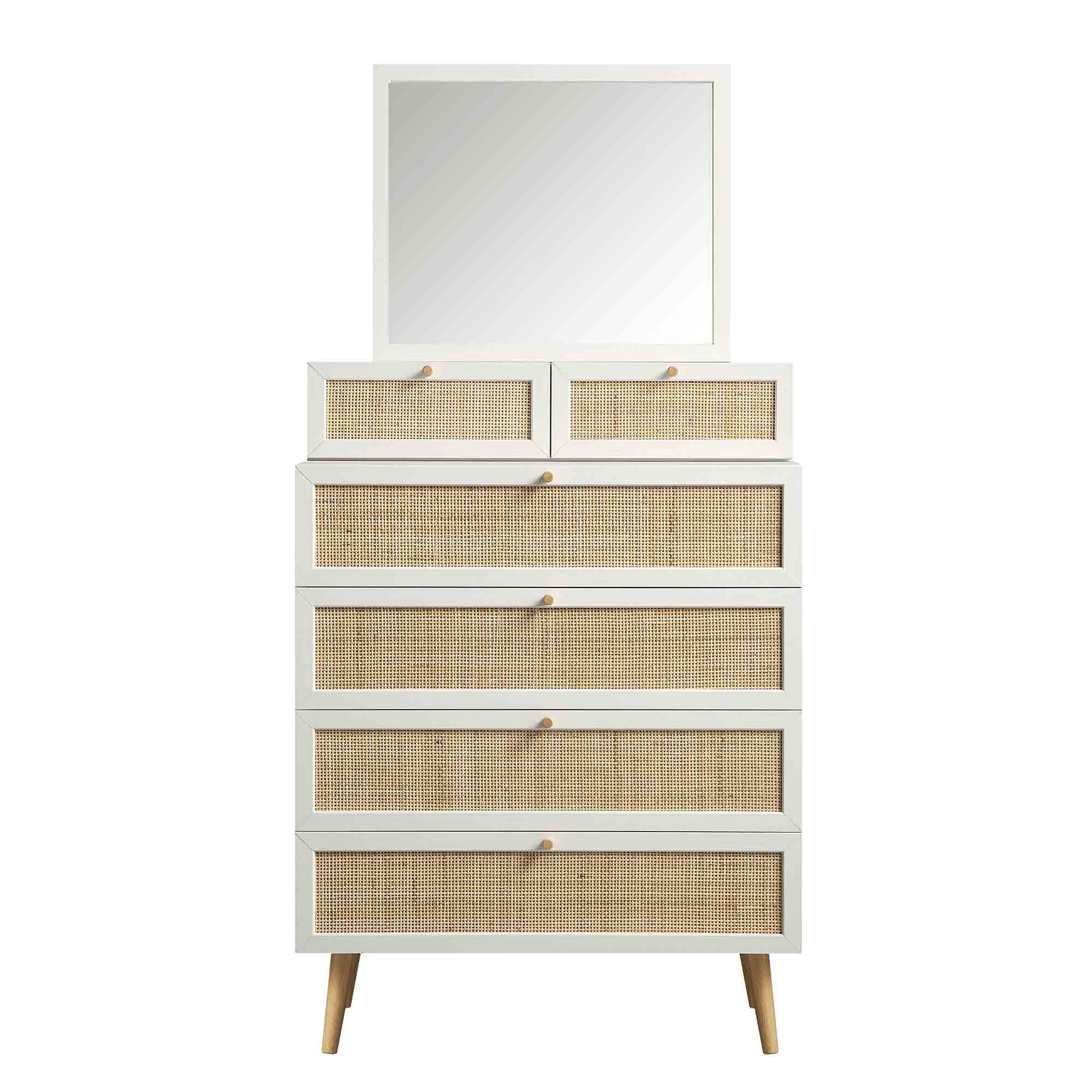 Frances Woven Rattan Tall Vanity Chest with Mirror, White