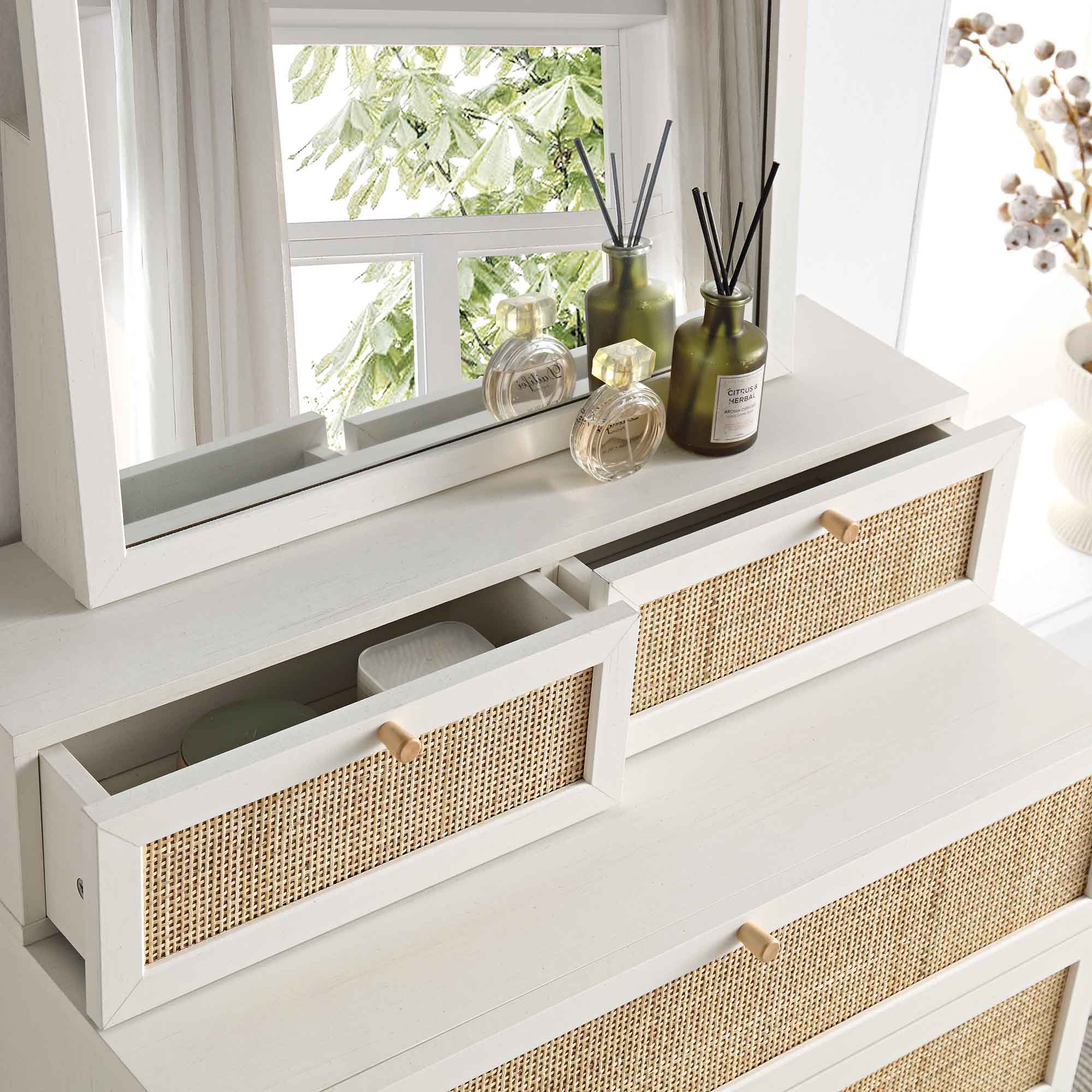 Frances Woven Rattan Tall Vanity Chest with Mirror, White