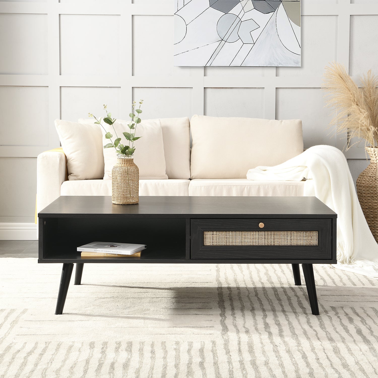 Frances Woven Rattan Wooden Coffee Table in Black Colour