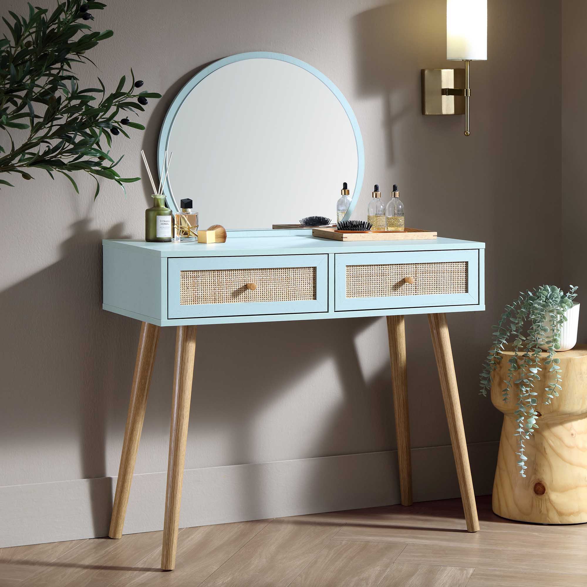 Frances Woven Rattan Dressing Table with Mirror, Mint